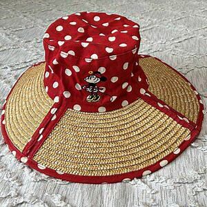 Vintage Straw Sun Hat Cap Red Polka Dots Foldable Walt Disney World‎